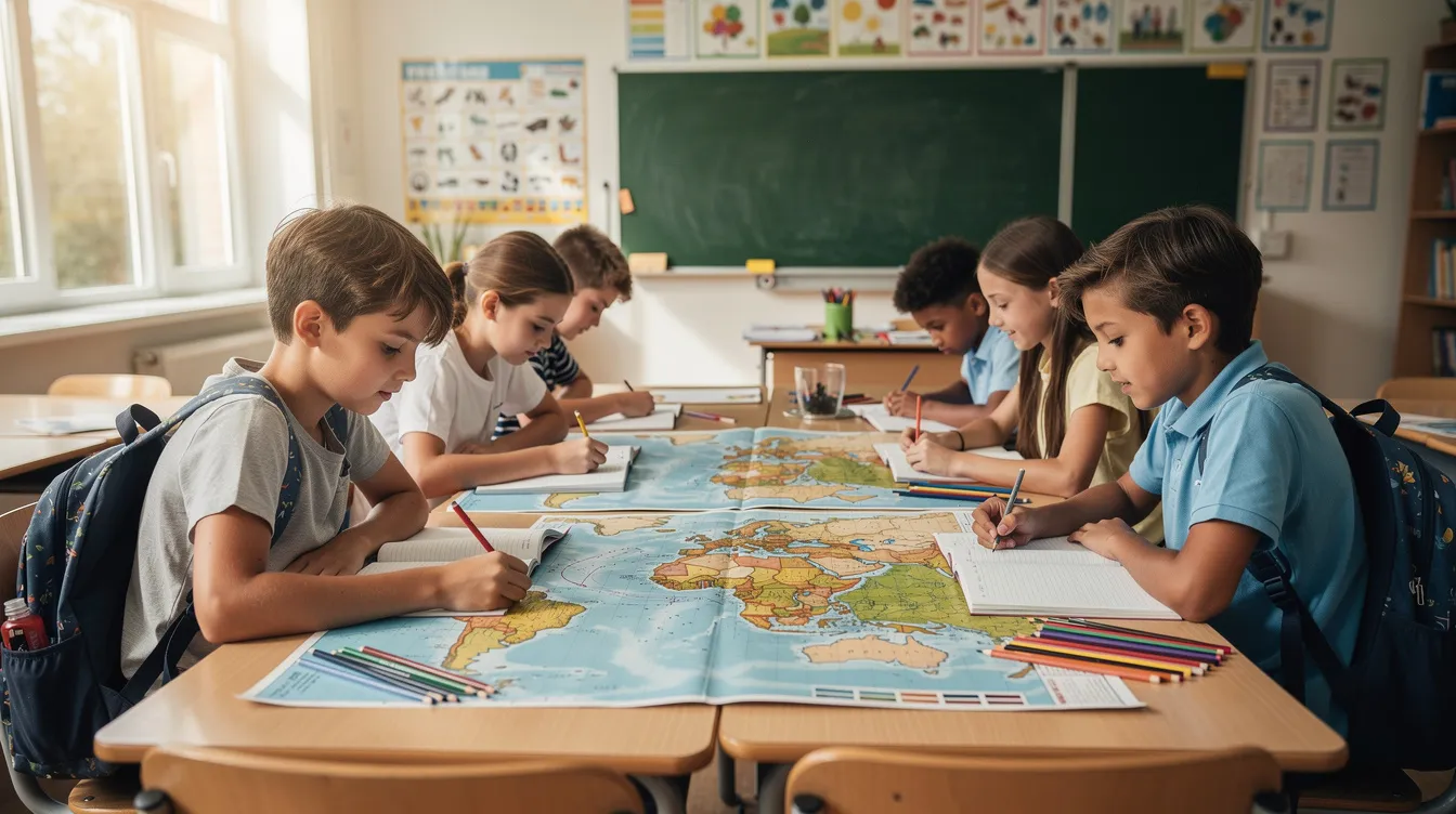 Na obrazie widać uczniów pracujących z kolorowymi mapami na ławkach szkolnych, skupionych na zadaniach związanych z geografią w ramach sprawdzianu z geografii klasa 7 dział 1. Atmosfera jest pełna zaangażowania i współpracy, a mapy przedstawiają różnorodne aspekty środowiska przyrodniczego.