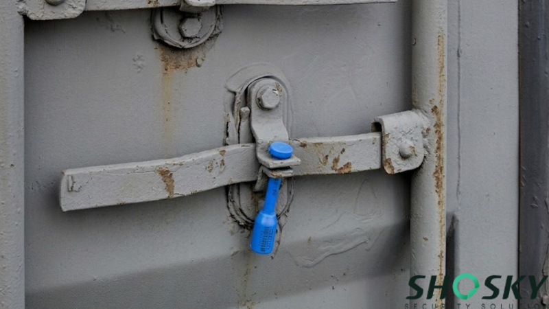 Blue bolt seal applied to a cargo latch