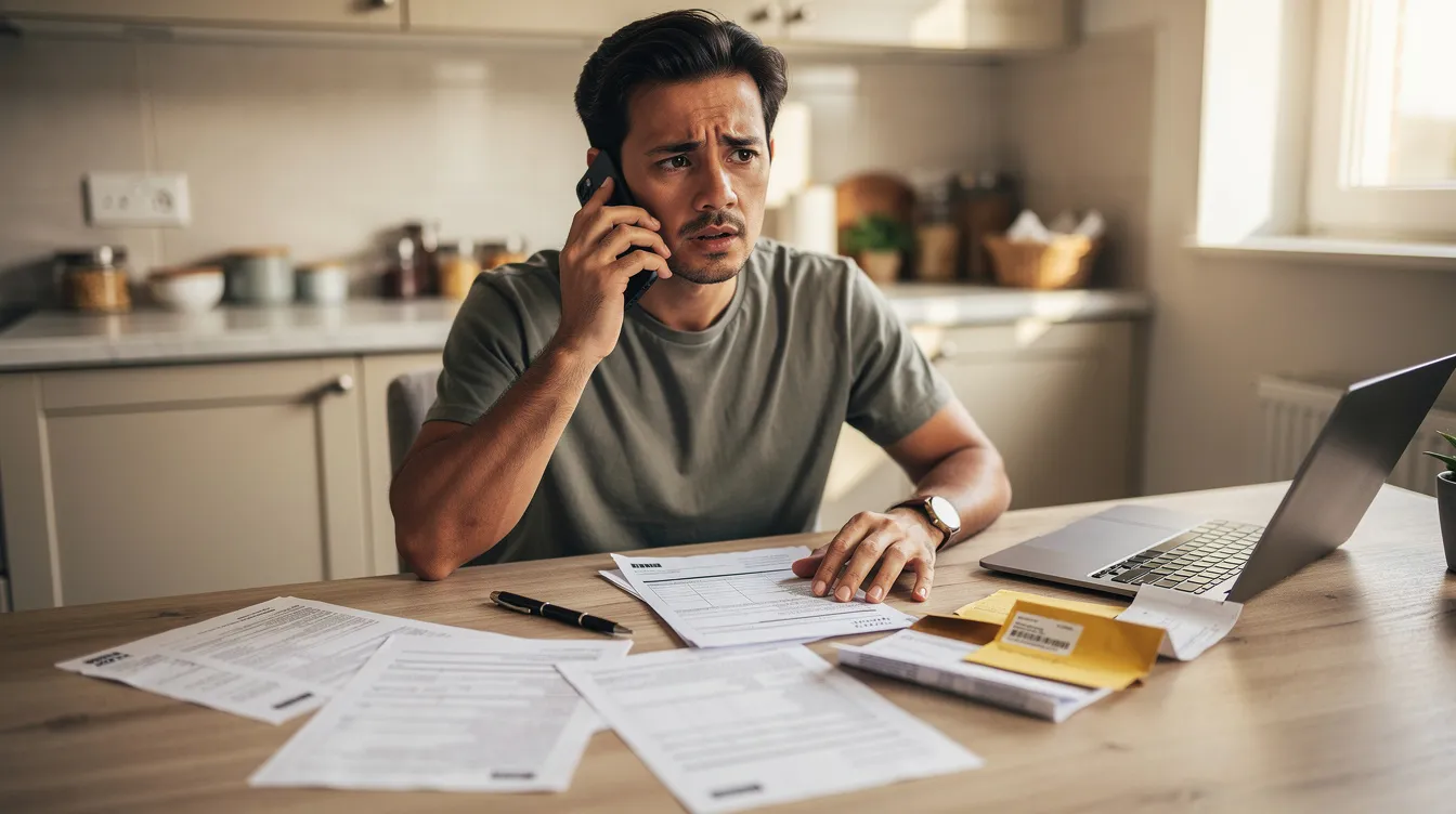 A person is seated at a kitchen table, making a phone call while surrounded by paperwork related to a car accident case. The scene suggests they may be discussing their insurance claim or seeking legal help from an experienced car accident attorney.