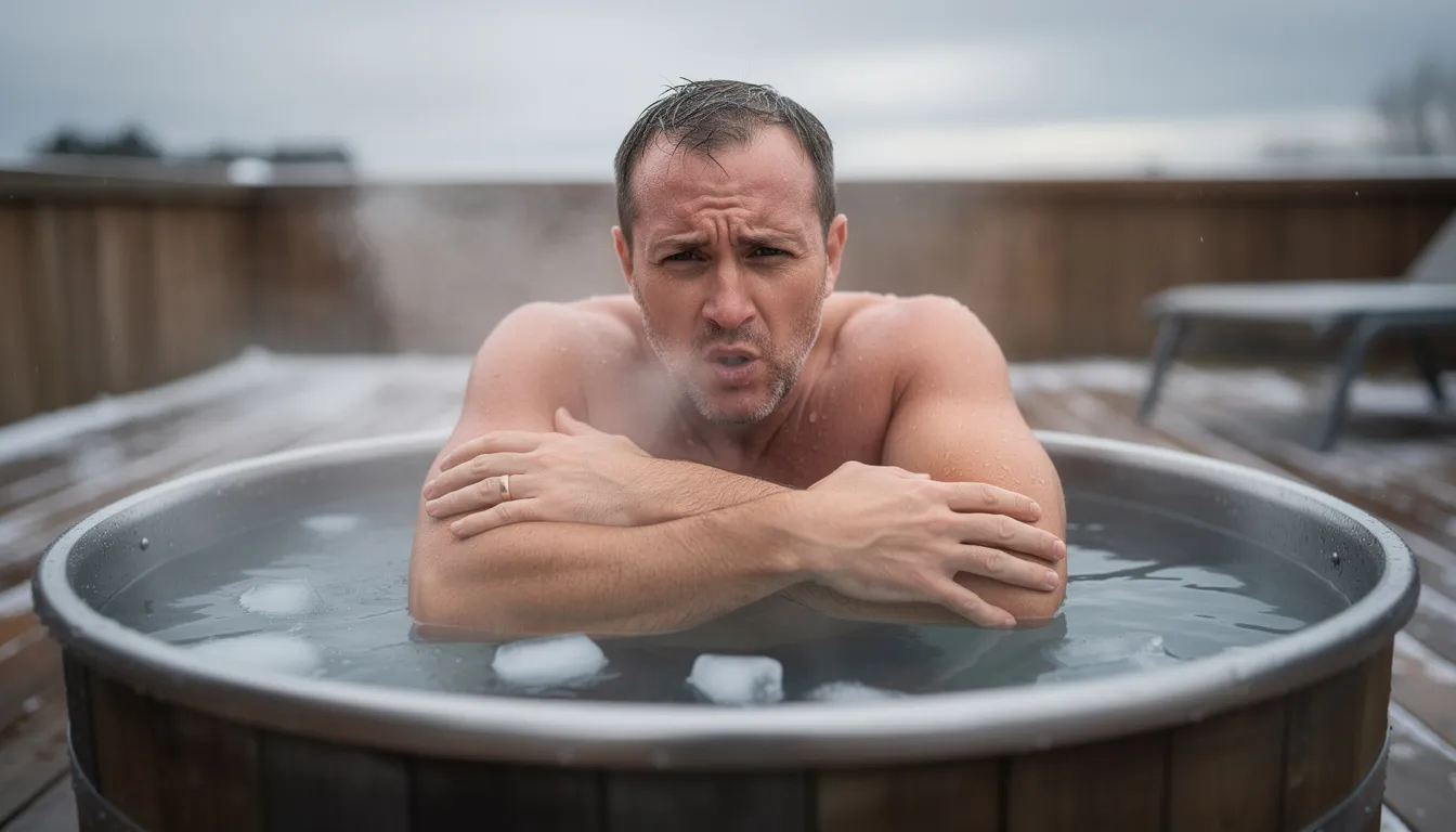 A worried man is sitting in a cold plunge tub, his expression reflecting the initial shock of cold exposure. This image captures the moment before he embraces the health benefits of cold therapy, such as improved circulation and reduced muscle soreness, often associated with cold plunge myths debunked.