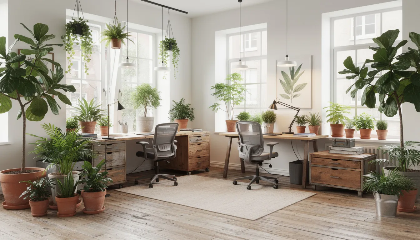 Een duurzaam kantoorinterieur met hergebruikte meubels en groene planten, waar ergonomische kantoorstoelen zoals de Ahrend bureaustoel met verstelbare rug- en zithoogte zorgen voor een gezonde werkhouding en optimaal zitcomfort. De stijlvol gestoffeerde tweedehands bureaustoelen dragen bij aan een milieuvriendelijke inrichting van de werkplek.