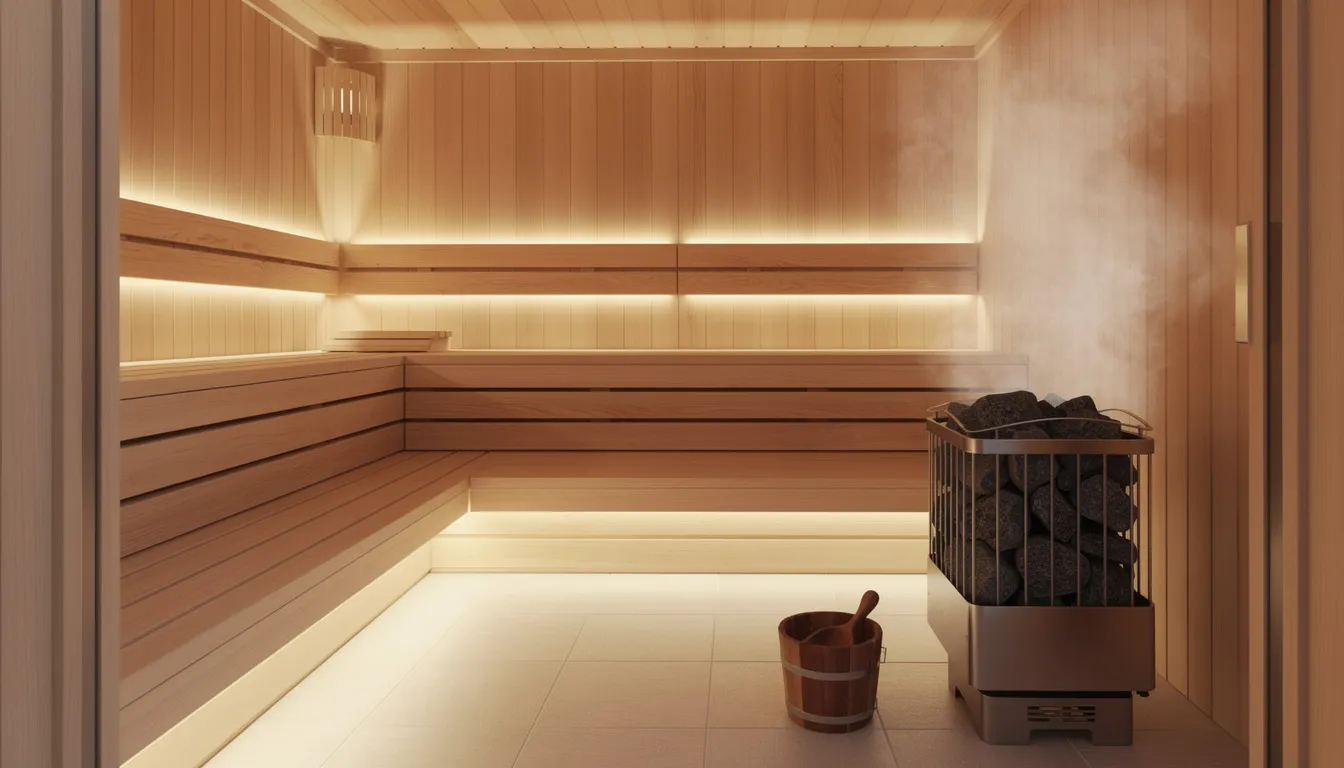 The image depicts the interior of a modern wooden sauna cabin featuring bench seating and soft, ambient lighting, creating a serene atmosphere ideal for relaxation and wellness. This full spectrum infrared sauna is designed to provide deep penetrating heat, promoting numerous health benefits such as improved circulation, muscle relaxation, and skin rejuvenation.