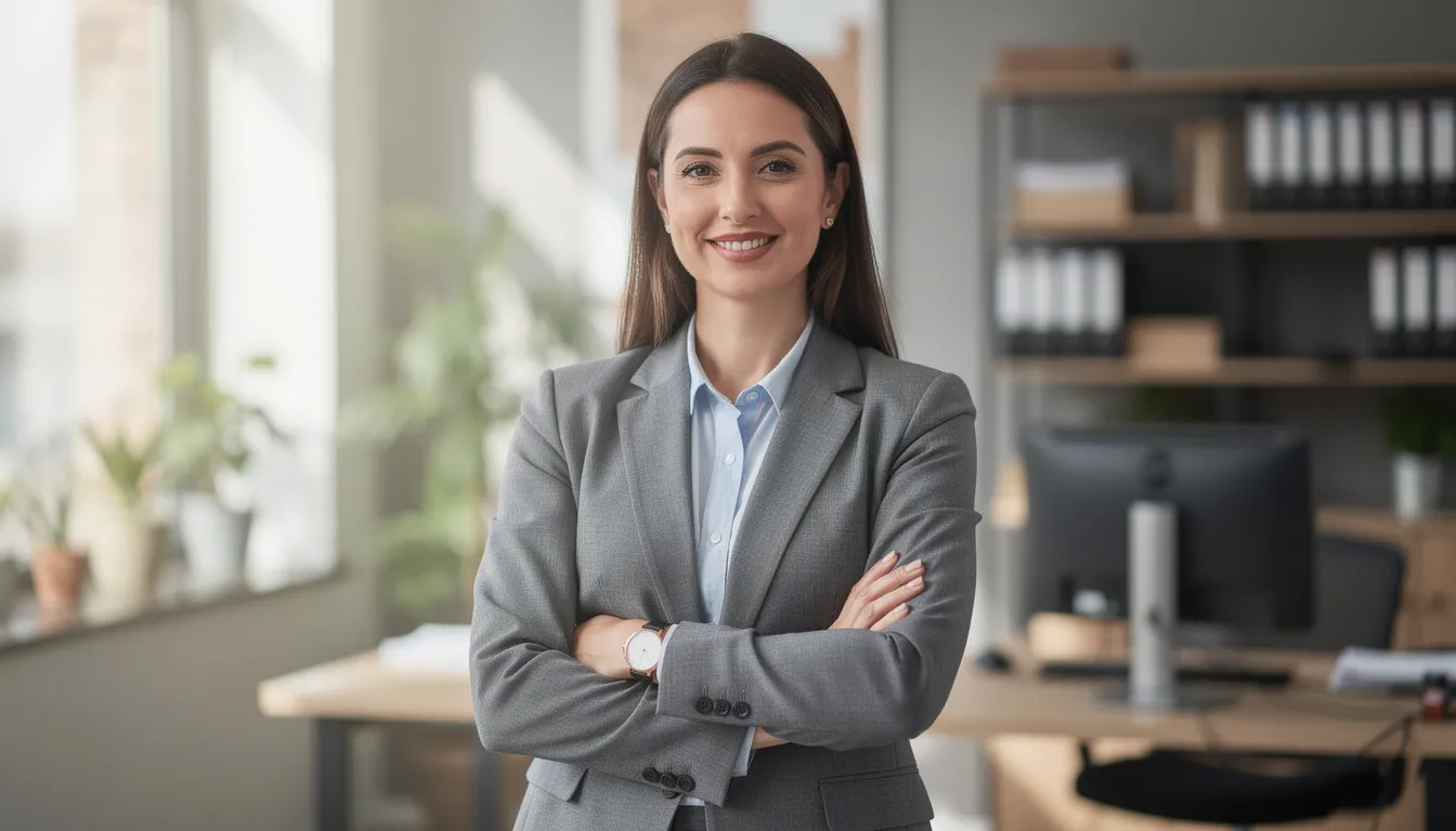 The image depicts a confident small business owner in a professional office setting, radiating success after receiving funding. This established business leader embodies the commitment and growth potential that comes with securing a business loan, reflecting the positive impact of all things business funding.