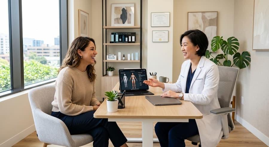 Patient discussing the plastic surgery cost with a doctor during a consultation.