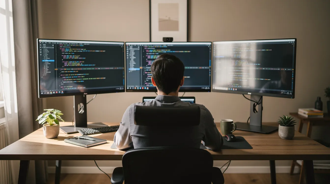 A person is seated at a home office desk, focused on their laptop while surrounded by multiple monitors displaying various cybersecurity analytics and data. This scene highlights the growing demand for cybersecurity professionals, as they often work in environments that require advanced security measures and risk management strategies.
