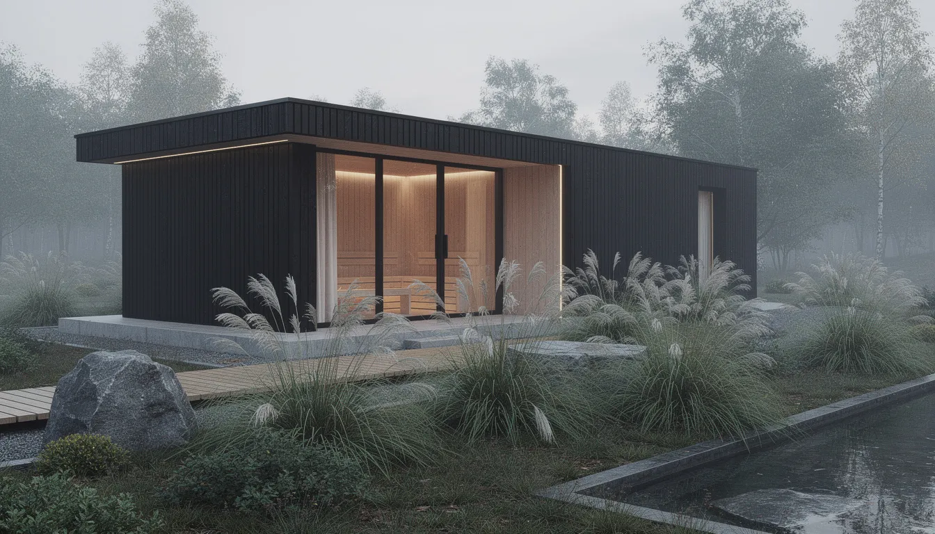 The image depicts a Nordic minimalist outdoor sauna retreat featuring a sleek black stained cedar structure surrounded by ornamental grass landscaping. This stylish space invites relaxation and wellness, perfect for sauna sessions that promote stress relief and improved circulation in a serene outdoor environment.