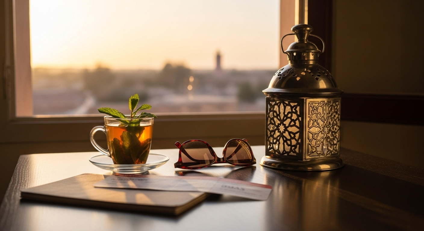 Cup of mint tea, travel notebook, sunglasses, and a boarding pass on a small table by a window with warm evening light and a faint view of a North African landscape, symbolizing the end of a journey.