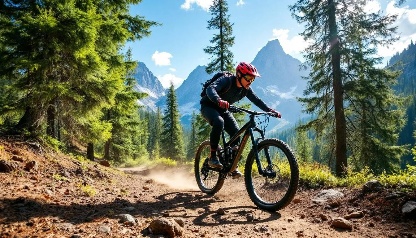 A mountain biker navigates a winding forest trail, surrounded by tall trees and stunning mountain peaks under a clear blue sky, showcasing the natural beauty of southern Utah near Brian Head Resort. The scene captures the thrill of mountain biking amidst the serene landscape of Dixie National Forest.