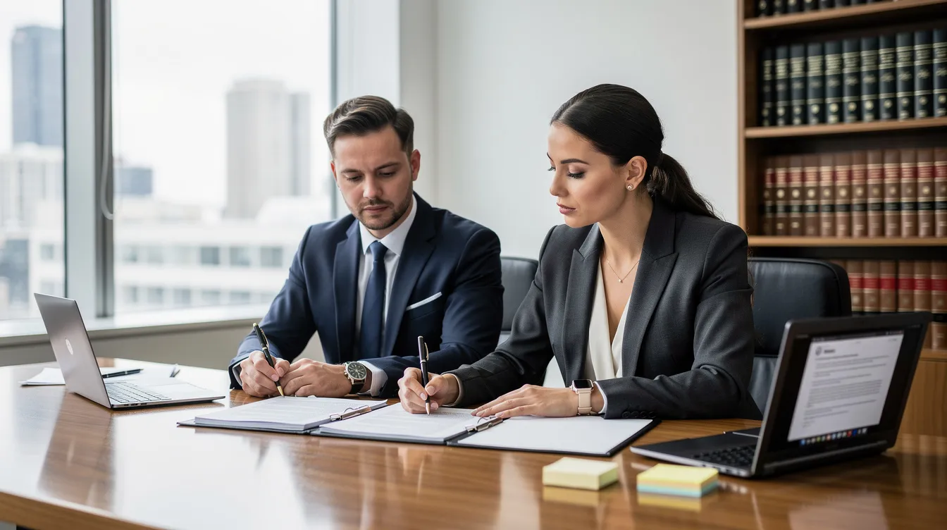 In a modern law office, two attorneys are collaborating at a desk, reviewing documents related to personal injury claims, specifically focusing on pedestrian accident cases. They are discussing legal strategies to support injured pedestrians in New Mexico, ensuring that victims receive fair compensation for their injuries.