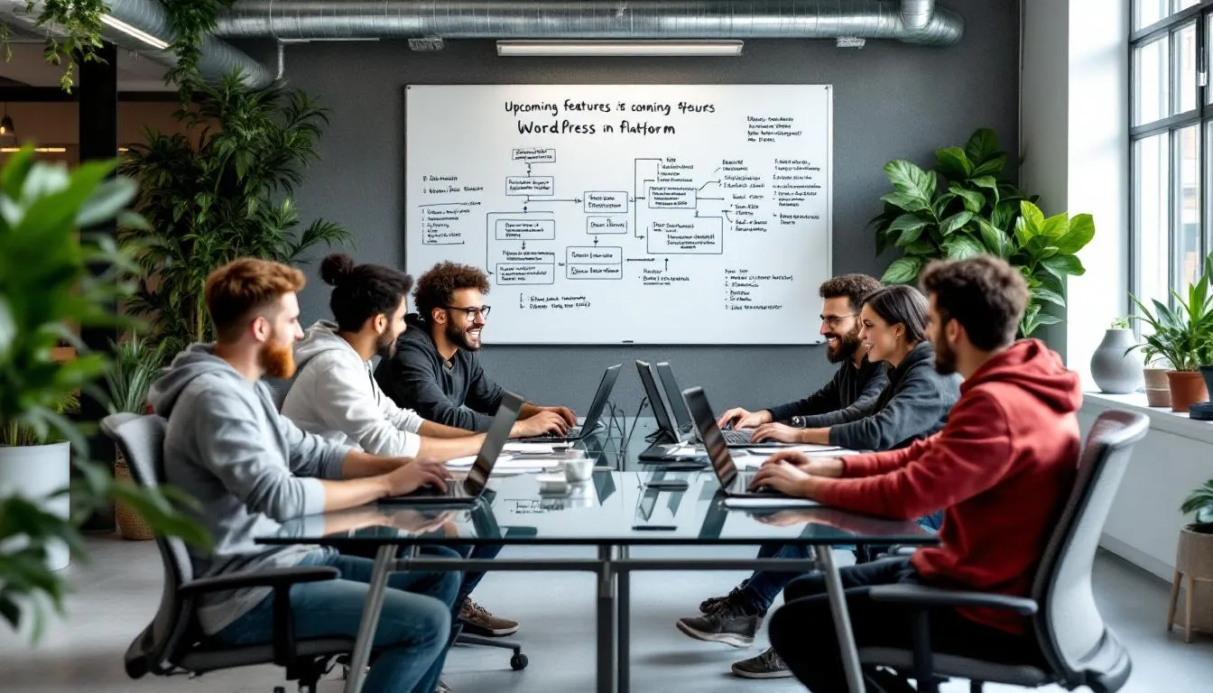 A group of WordPress developers is engaged in a collaborative discussion about the future of the WordPress platform, focusing on advanced features and user experience improvements for the WordPress ecosystem. They are brainstorming ideas for new functionalities that will enhance the WordPress dashboard and support website owners and WordPress users in building dynamic sites.