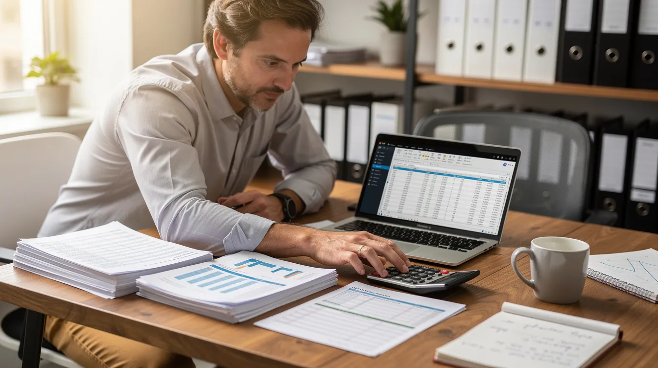 32b7b4a1 83b1 4372 982c 892c2ed6ecb1 A small business owner is seated at a desk, surrounded by financial papers, a calculator, and a laptop, diligently reviewing documents such as balance sheets and cash flow statements to assess their project costs and prepare for potential bank loans, including a Mudra loan project report. The scene reflects the meticulous planning and analysis involved in managing a business's financial health.