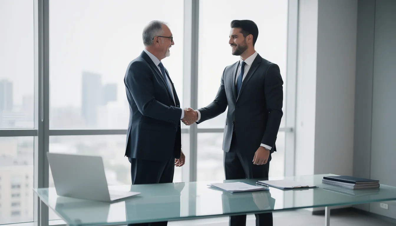 Na zdjęciu dwóch biznesmenów uścisnęło sobie ręce w biurze, co symbolizuje nawiązywanie współpracy w zakresie faktoringu międzynarodowego. Ich spotkanie może dotyczyć negocjacji warunków faktoringu eksportowego lub importowego, co sprzyja płynności finansowej firm i ułatwia prowadzenie interesów z zagranicznymi kontrahentami.