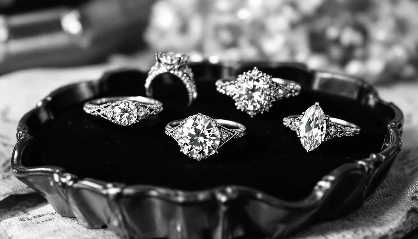 Different diamond shapes in silver engagement rings.