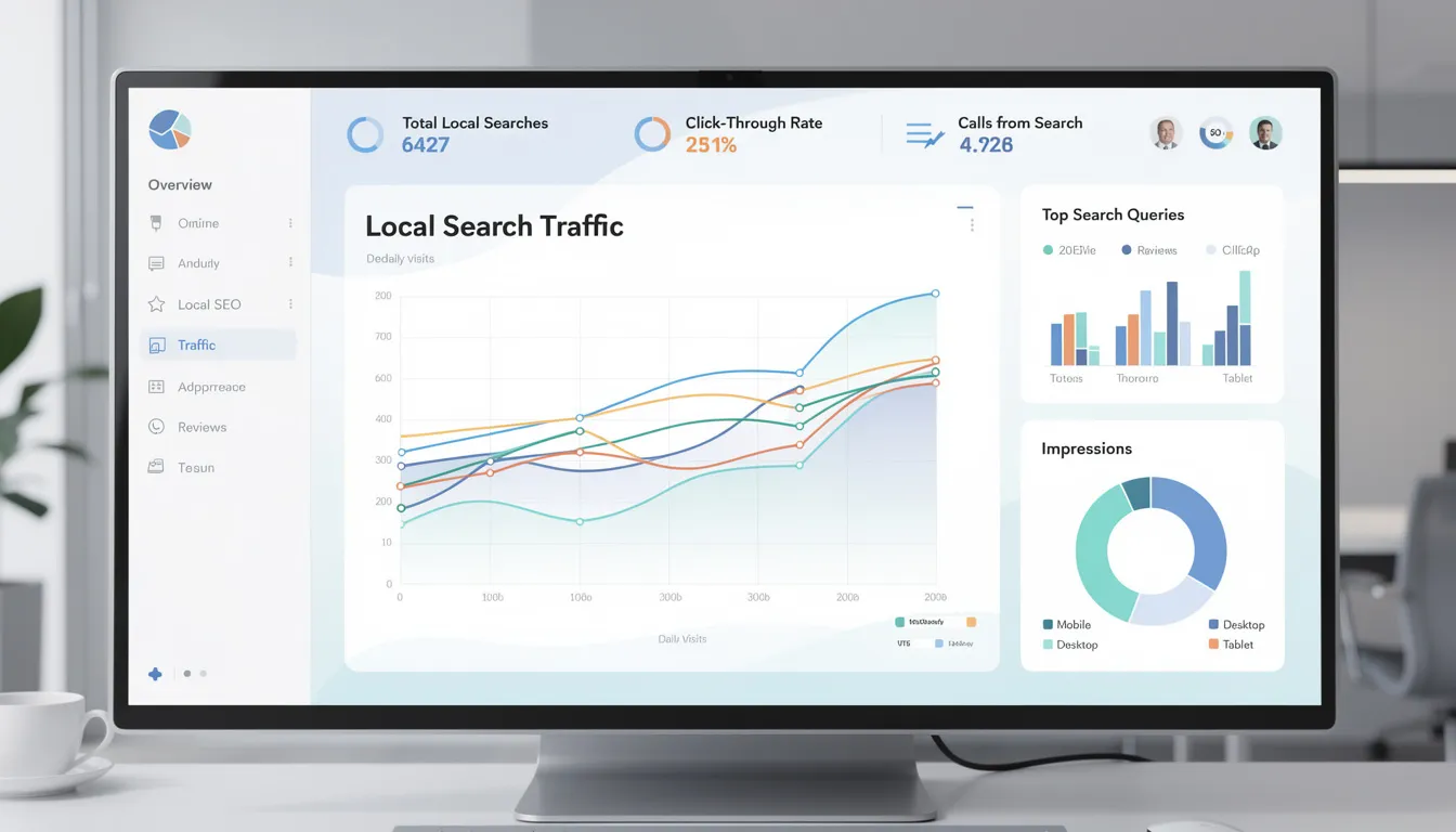 An analytics dashboard displays local search performance metrics, highlighting key data such as search queries, local keywords, and rankings for a business's Google Business Profile. It includes visual representations of local search results, helping businesses optimize their presence on Google Maps and improve engagement with potential customers.