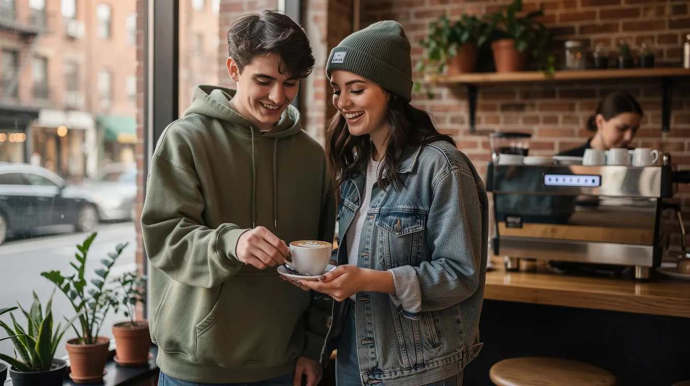 A Gen Z couple sits close together at a Brooklyn coffee shop, sharing a moment over lattes, embodying the emotional connection that can stem from healthy relationships. Their relaxed demeanor reflects the importance of emotional intimacy and secure attachment styles in navigating adult relationships.