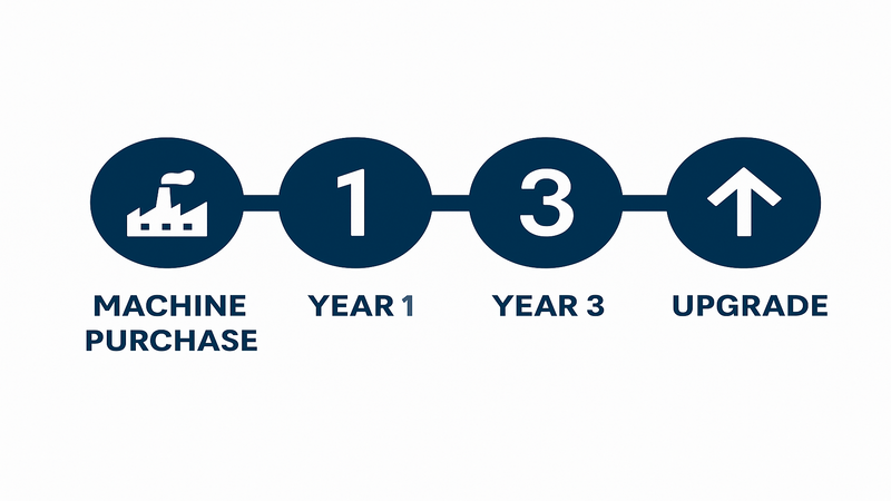 Timeline graphic: Machine purchase → Year 1 → Year 3 → Upgrade