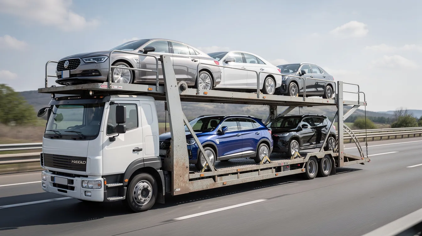 The image shows a flatbed car transporter loaded with several sedans and SUVs, showcasing the efficient process of dealership car transport. This vehicle transport highlights the service provided by auto transport companies for shipping cars safely to their final destination.