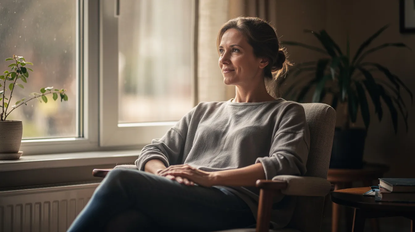 The image depicts a calm adult sitting by a window, bathed in soft natural light, creating a serene atmosphere that promotes mental health and well-being. This supportive space may symbolize the importance of community support and coping strategies in navigating emotional exhaustion and social contexts.