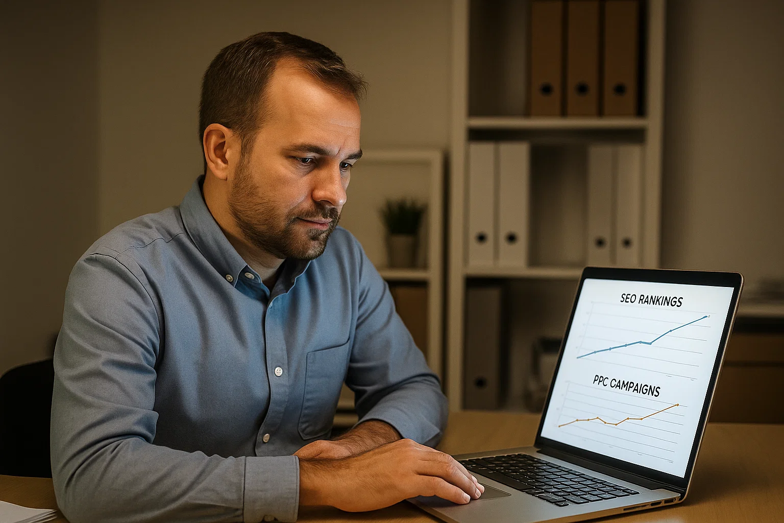Small business owner reviewing SEO growth and PPC campaign performance charts.