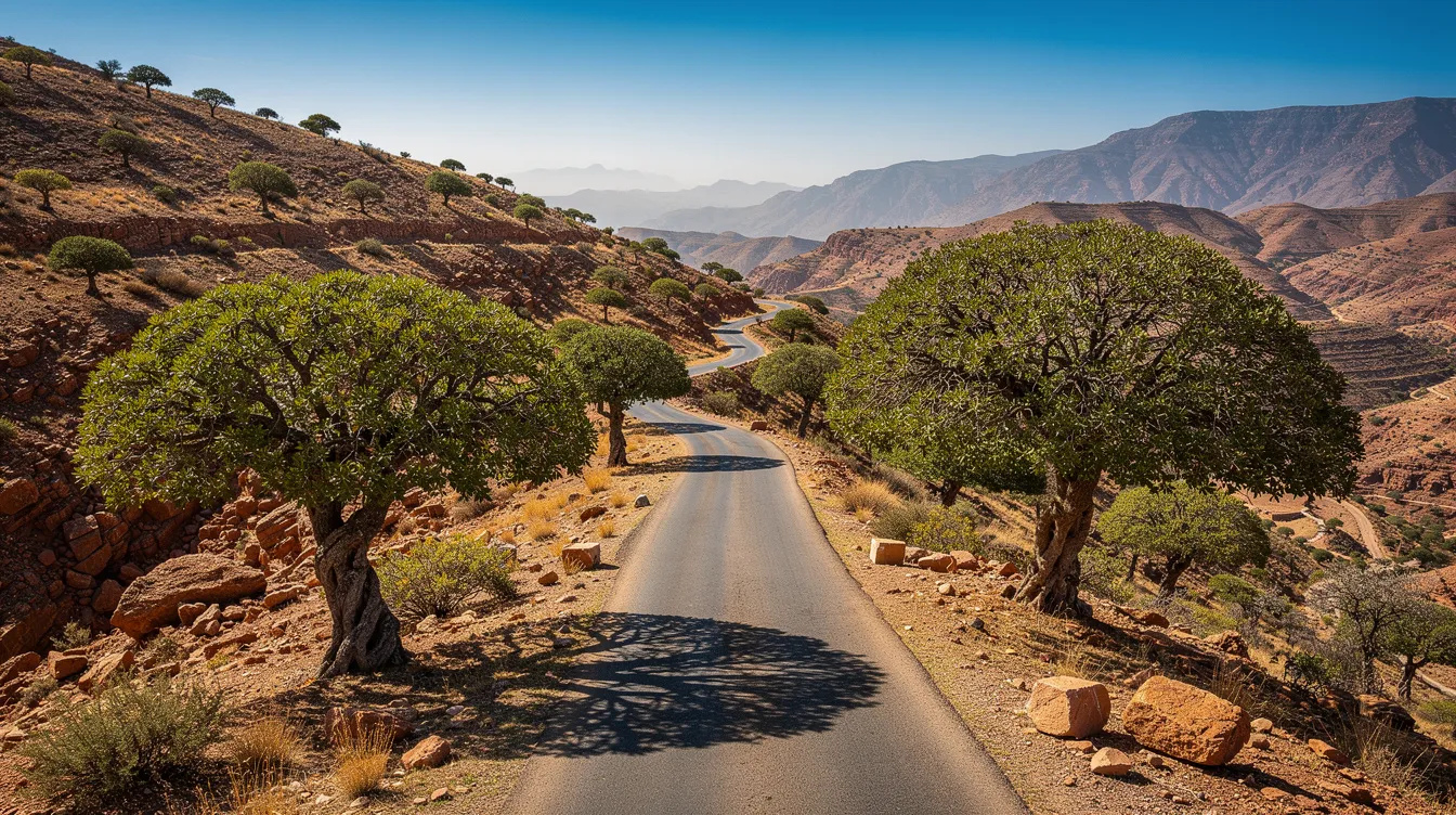 Une route de montagne sinueuse traverse la région de Souss-Massa au Maroc, bordée d'arganiers majestueux. Ce paysage pittoresque est idéal pour les voyageurs souhaitant louer une voiture à Agadir et explorer les merveilles naturelles de la région.