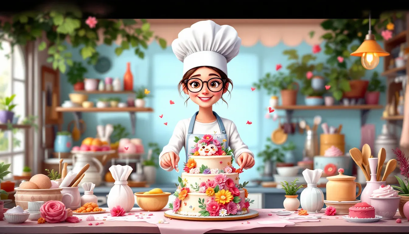An artisan baker skillfully decorating a fondant cake.