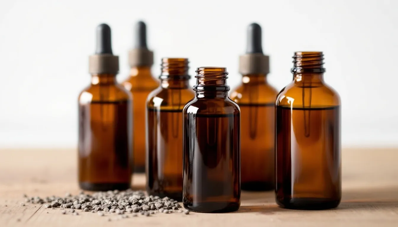 The image features several amber glass dropper bottles filled with tincture, with one bottle being tilted to measure out a few drops. This setup suggests the use of herbal products, potentially including blessed thistle tincture, known for its various health benefits.