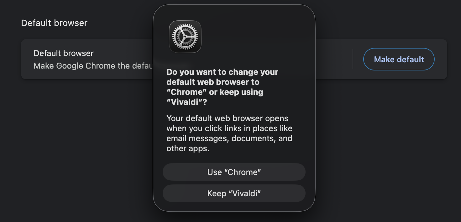 Click the Use "Chrome" button to set Chrome as the default browser in Mac OS