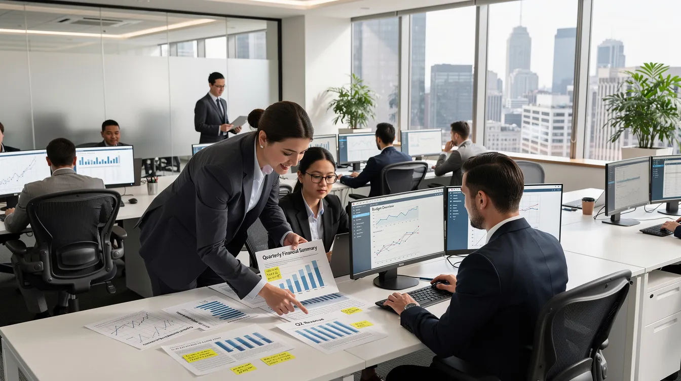 The image depicts a busy business office where employees are focused on their work at desks, reviewing various financial documents. This scene highlights the importance of employee retention and the potential benefits of the employee retention tax credit for eligible employers navigating their financial responsibilities.
