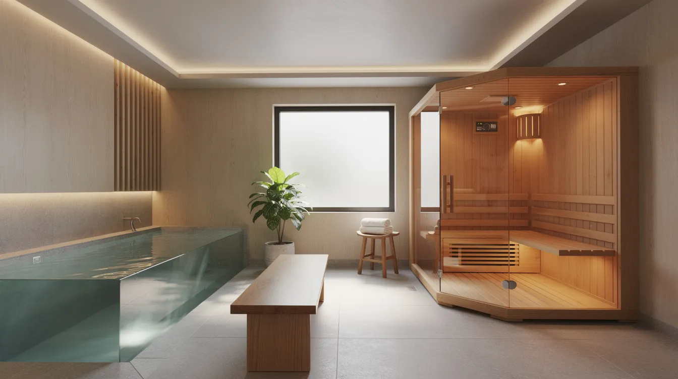 Sauna and cold plunge wellness room with warm wood finishes and soft lighting