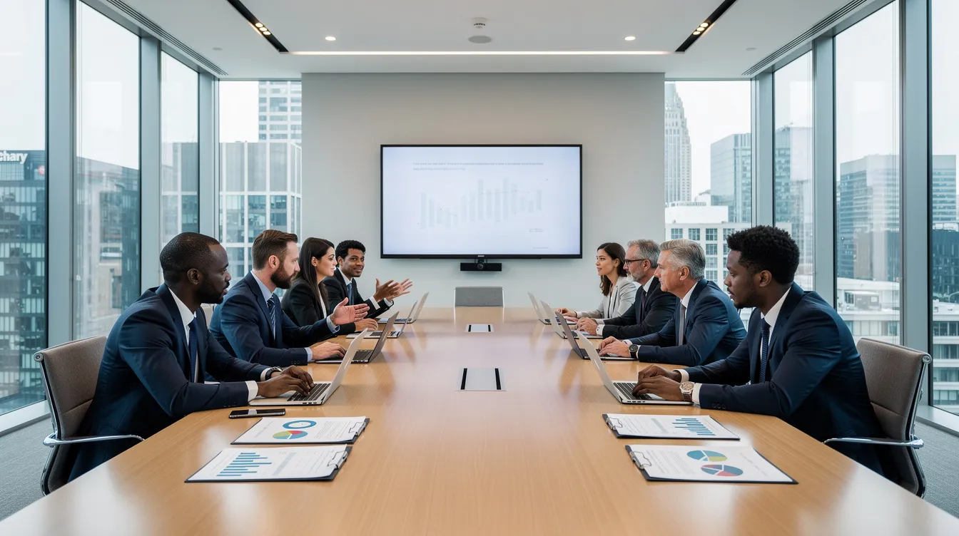 The image depicts a modern boardroom where diverse professionals, including independent directors and corporate executives, are engaged in a serious discussion around a sleek conference table, emphasizing the importance of effective corporate governance and strategic oversight in board meetings. The atmosphere reflects a commitment to open debate and collaboration among board members as they navigate key decisions and risk management.