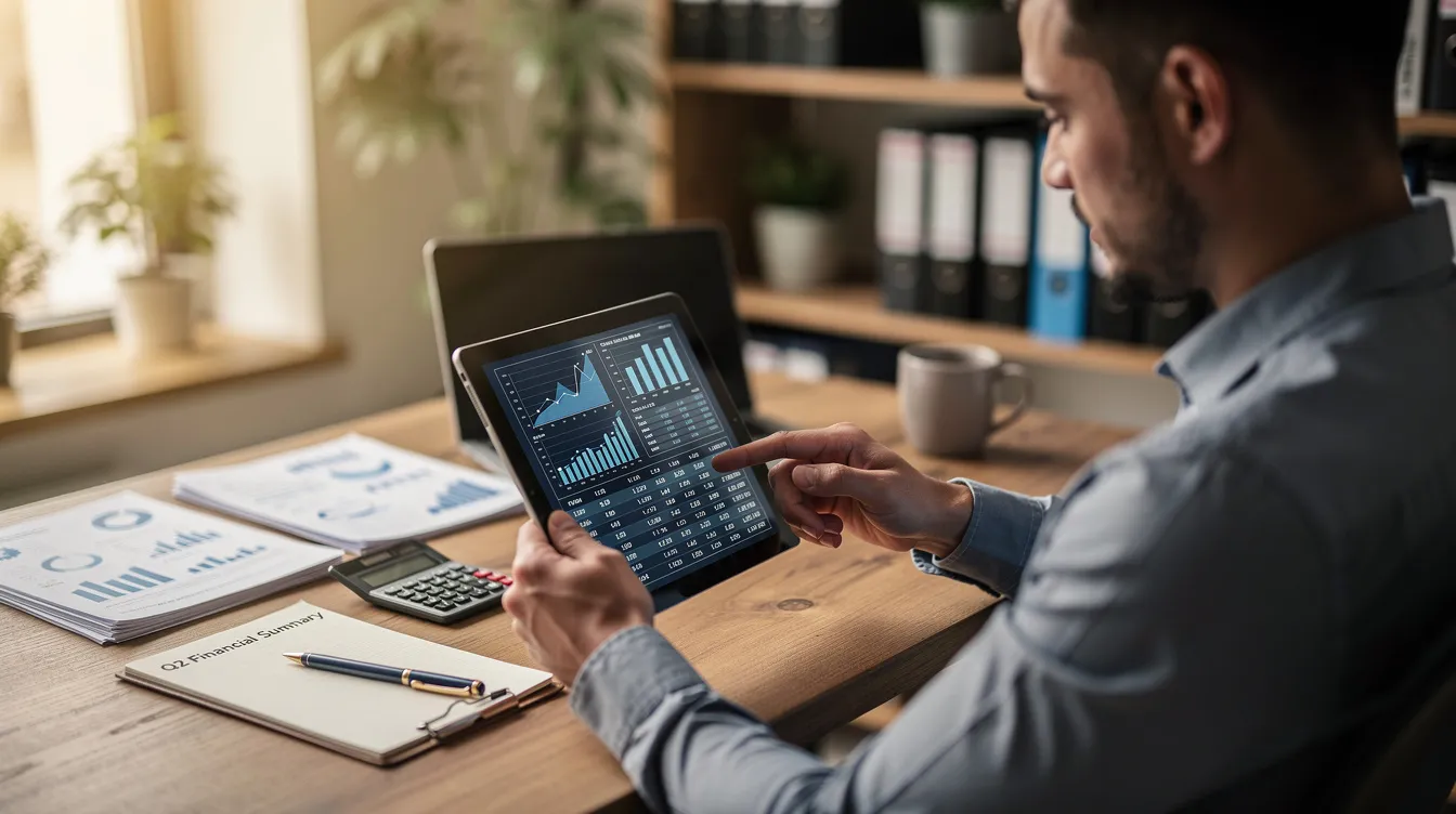 A business owner is intently reviewing financial records on a tablet device, likely using tax digital software to maintain digital records and prepare for their income tax self-assessment. The scene highlights the importance of digital record keeping for small business owners and self-employed individuals in staying compliant with HMRC regulations.