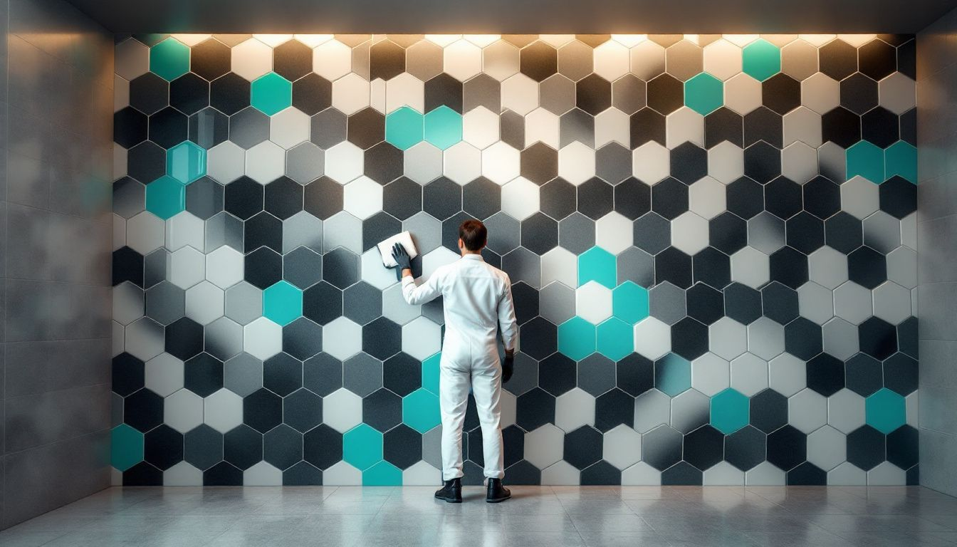 A person cleaning a tiled media wall, showcasing maintenance tips.