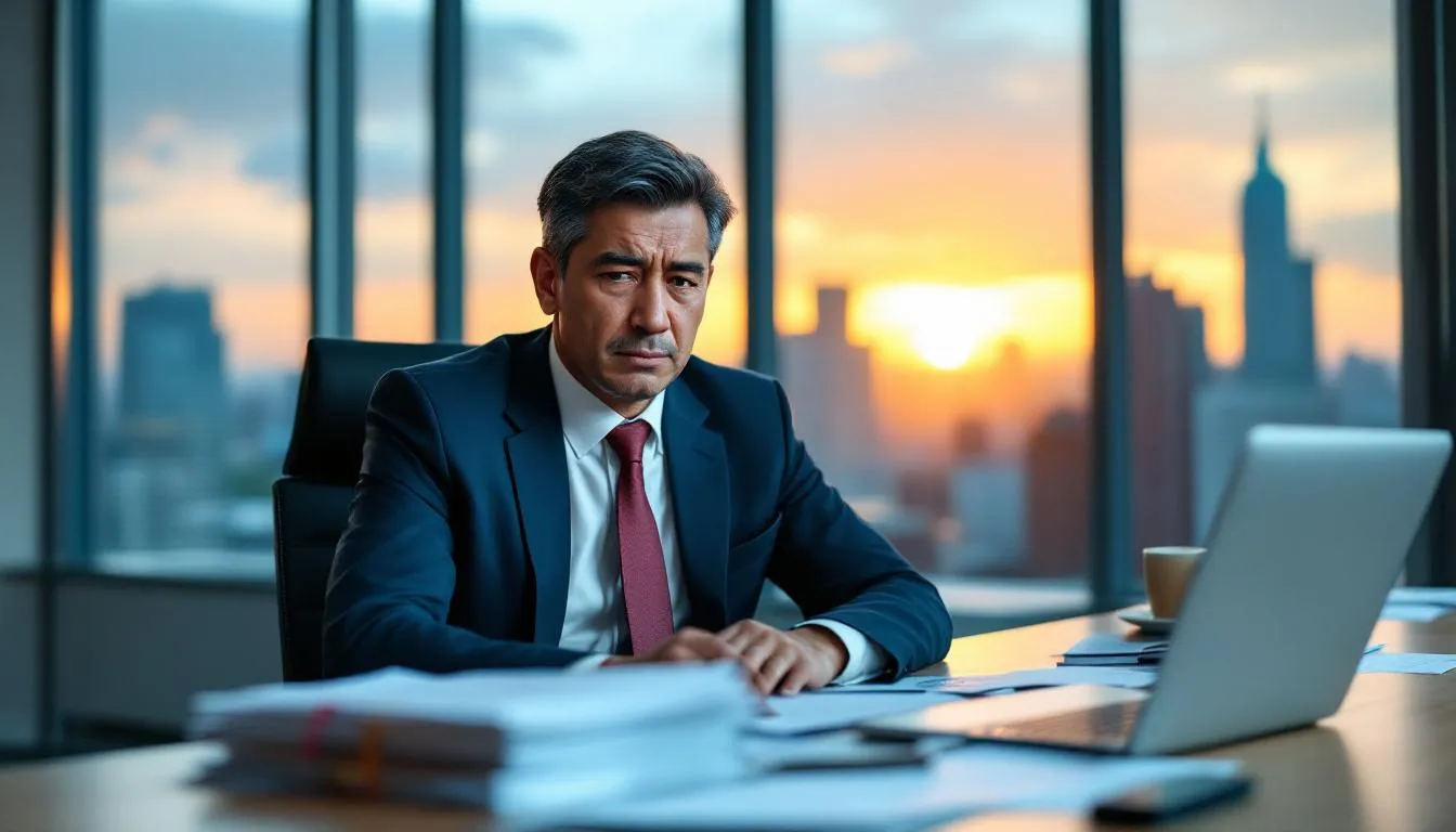 An Asian businessman appears stressed, sitting at a desk cluttered with papers and a laptop, reflecting the challenges of the onboarding process. His expression suggests the pressure of ensuring a positive client onboarding experience, which can make or break customer relationships.