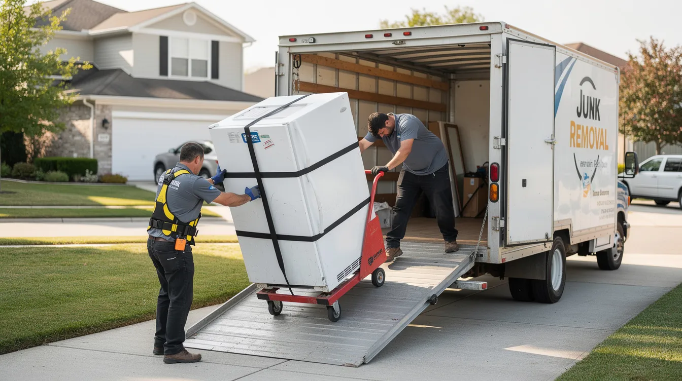 A two-person crew is efficiently loading a large white refrigerator onto an appliance dolly, preparing for its removal into a junk removal truck parked in a suburban driveway. This professional appliance removal service ensures responsible disposal of old appliances, creating valuable space for the homeowner.