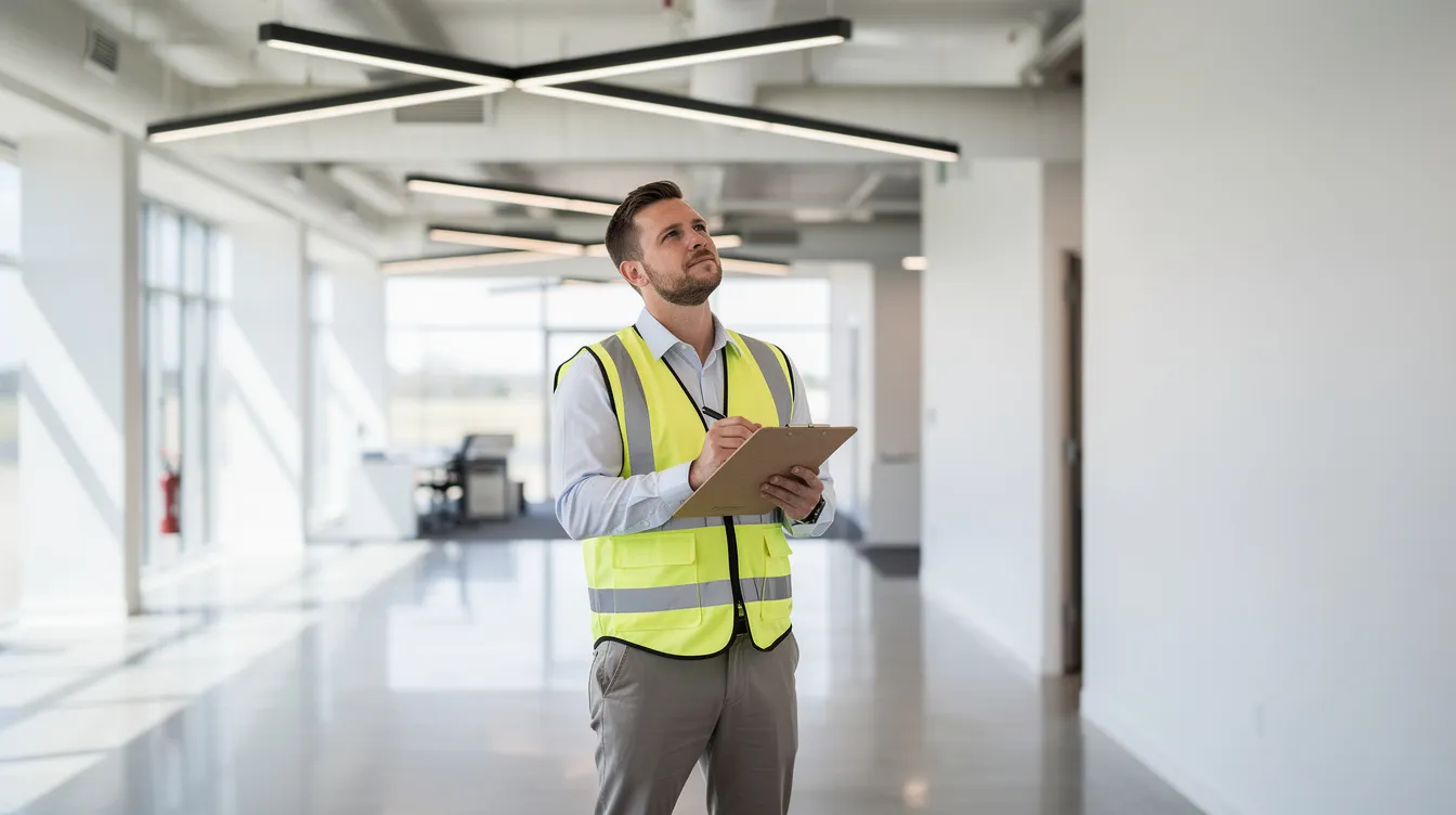 A cost segregation professional inspects the interior of a commercial property, holding a clipboard and assessing various building components to identify potential tax savings through accelerated depreciation deductions. This strategic tax planning tool aims to enhance cash flow for property owners and real estate investors.