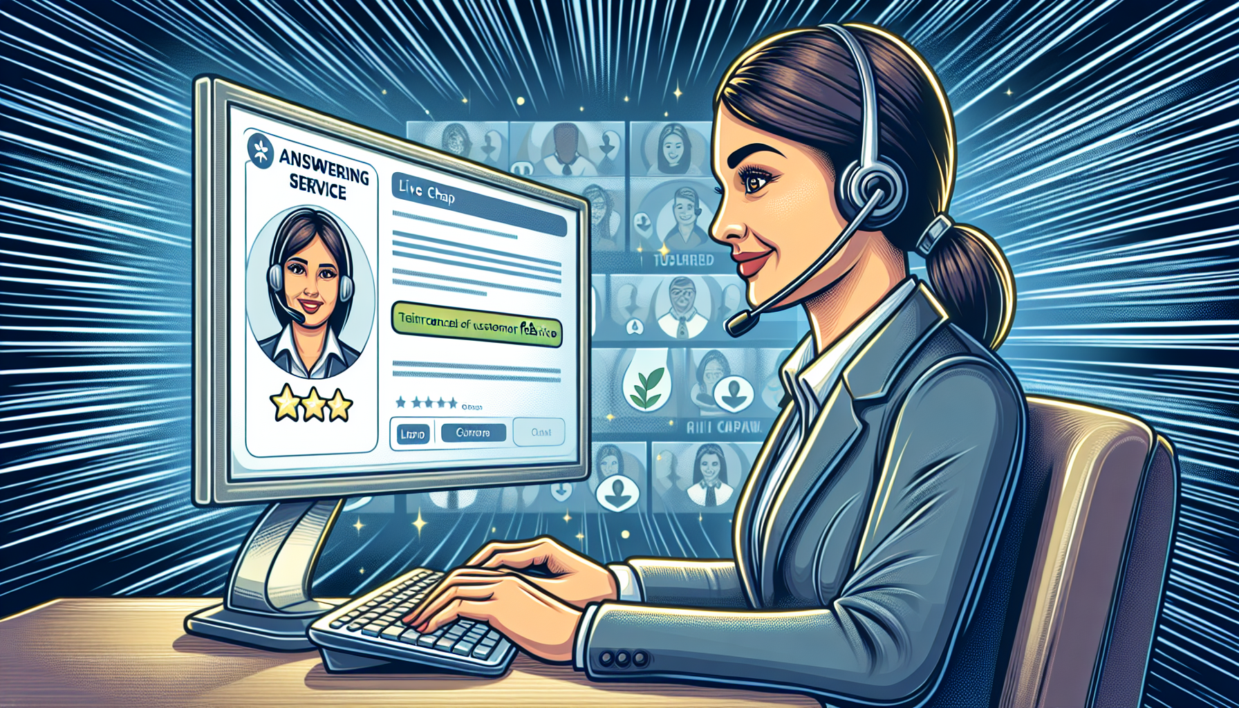 Cartoon illustration of a customer service agent assisting a client