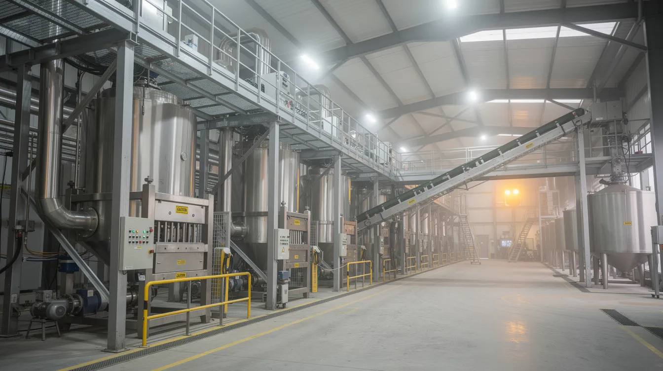 The image depicts the interior of a large industrial oilseed processing facility, featuring robust steel equipment, extensive piping, and conveyor systems designed for the solvent extraction process. This setup is essential for efficient soybean oil production, maximizing oil yield while ensuring minimal waste in the extraction plant.