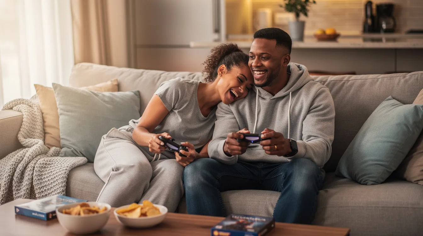 A mixed-race couple is sitting on a couch, joyfully playing video games together, showcasing their strong connection and shared interests. Their playful interaction reflects the compatibility dynamics that contribute to a healthy relationship, emphasizing the importance of quality time and emotional intimacy.