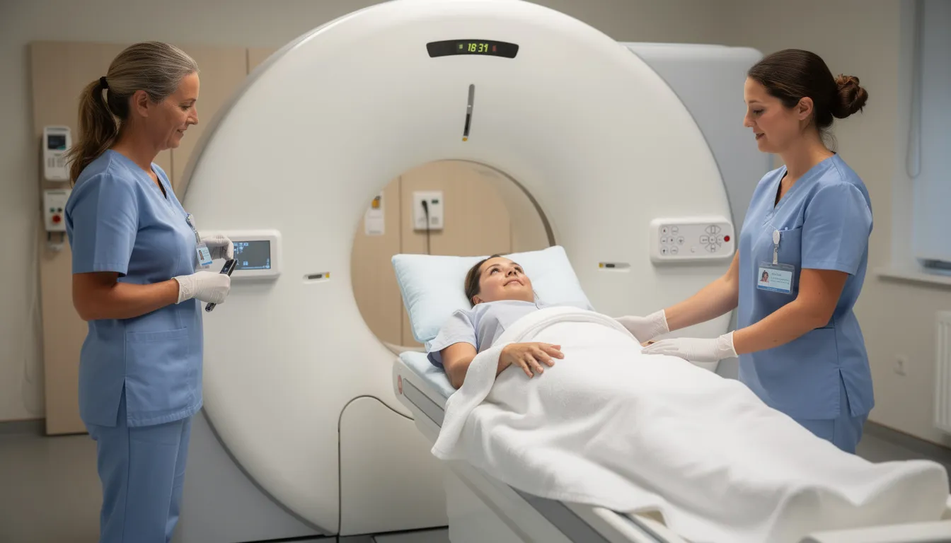 En patient ligger bekvämt på en MRI-brits under en magnetröntgenundersökning, omgiven av medicinsk personal som ger stöd och information. Undersökningen syftar till att få detaljerade bilder av kroppens organ och mjukdelar för att upptäcka eventuella skador eller inflammationer.