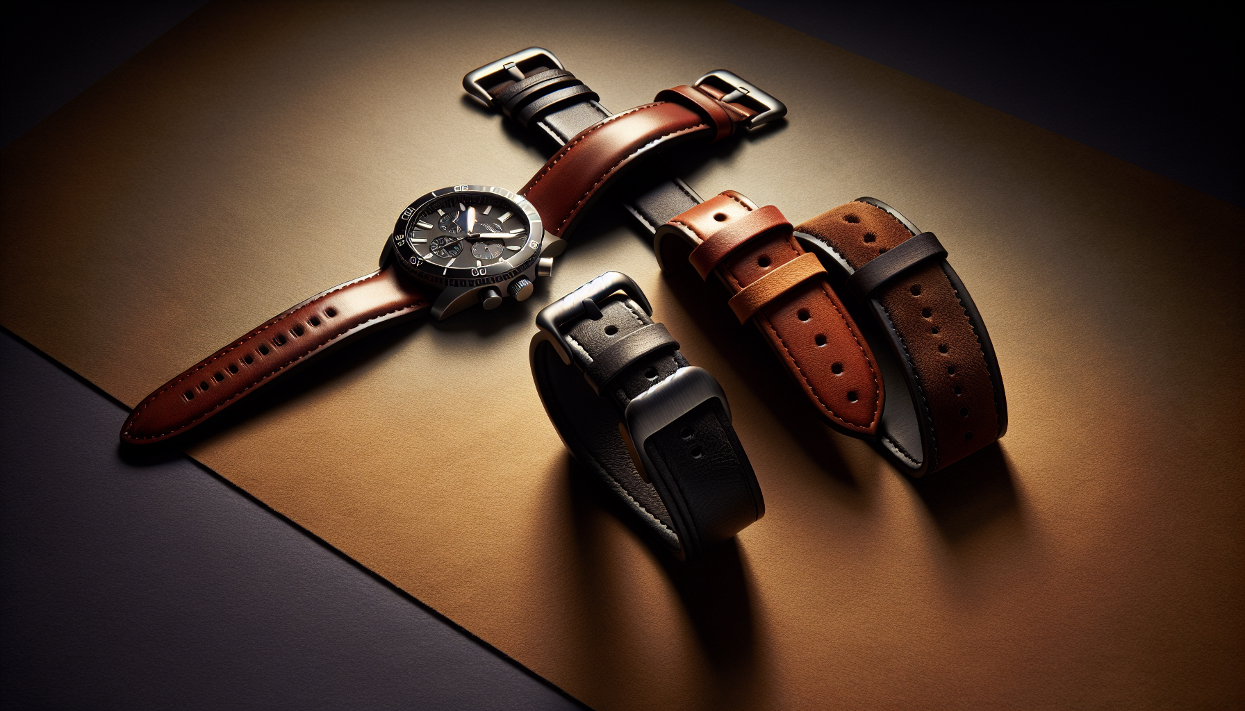 Different materials for 21mm watch bands such as leather, synthetic materials, and suede
