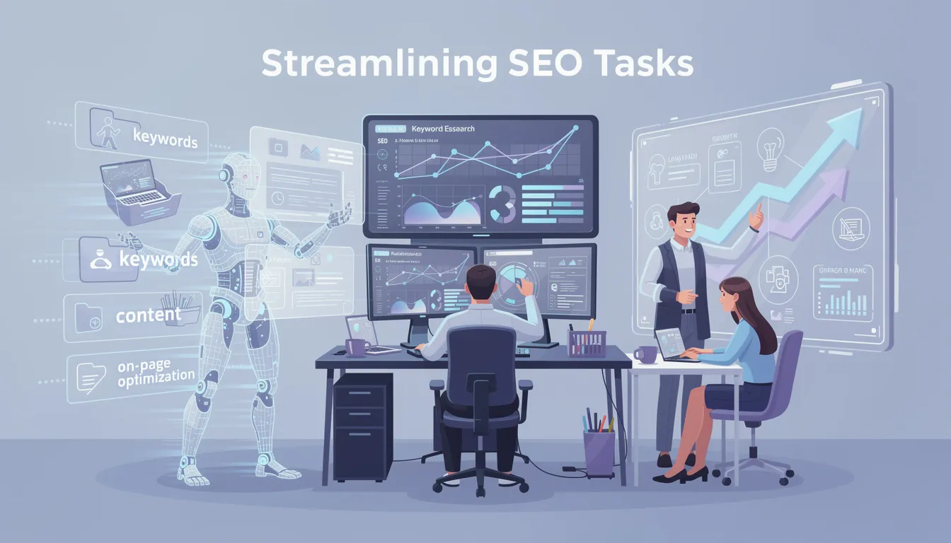 The image illustrates the concept of streamlining SEO tasks with artificial intelligence, showcasing various AI tools that automate processes like keyword research and content creation. This allows SEO professionals to focus on strategic initiatives, enhancing their SEO strategies and improving search engine rankings.