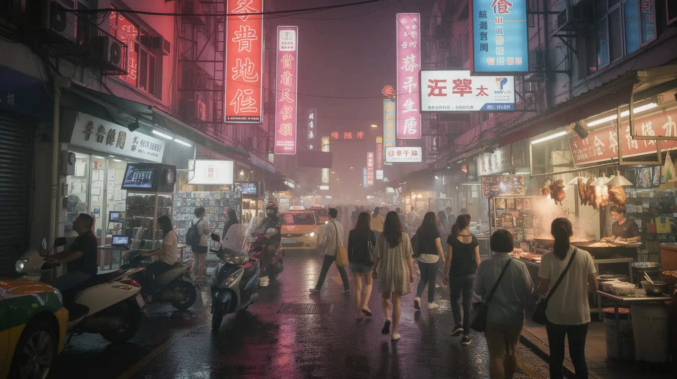The image depicts a lively Hong Kong street at night, filled with small restaurants and retail shops adorned with vibrant neon signs. The scene captures the bustling atmosphere, inviting viewers to explore the diverse offerings of this urban landscape.