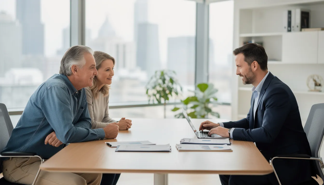 A professional financial advisor meets with a mature couple in a modern office, discussing their financial goals and creating a personalized financial plan that includes strategies for retirement savings and emergency funds. The setting reflects a professional atmosphere, emphasizing the importance of financial security and informed investment advice.