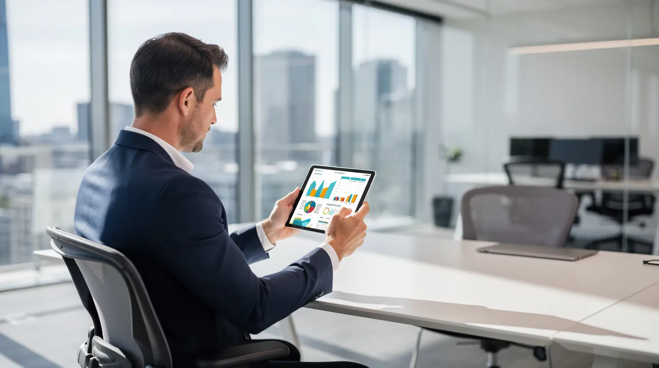 Un professionnel examine des données analytiques sur une tablette dans un bureau lumineux avec des murs en verre, illustrant l'importance des outils stratégiques pour la prise de décision et la planification stratégique au sein d'une entreprise. Cette scène met en avant la nécessité d'une analyse approfondie pour atteindre les objectifs à long terme d'une organisation.