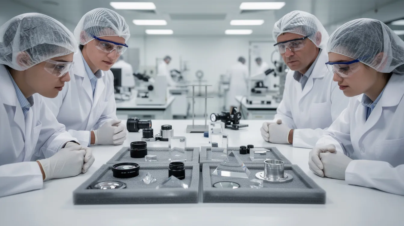 In a clean room, scientists in lab coats carefully examine precision optical components on a table, contributing to advancements in fusion energy research at the Lawrence Livermore National Laboratory. Their work is crucial for achieving fusion ignition and exploring the potential of nuclear fusion reactions as a powerful energy source.