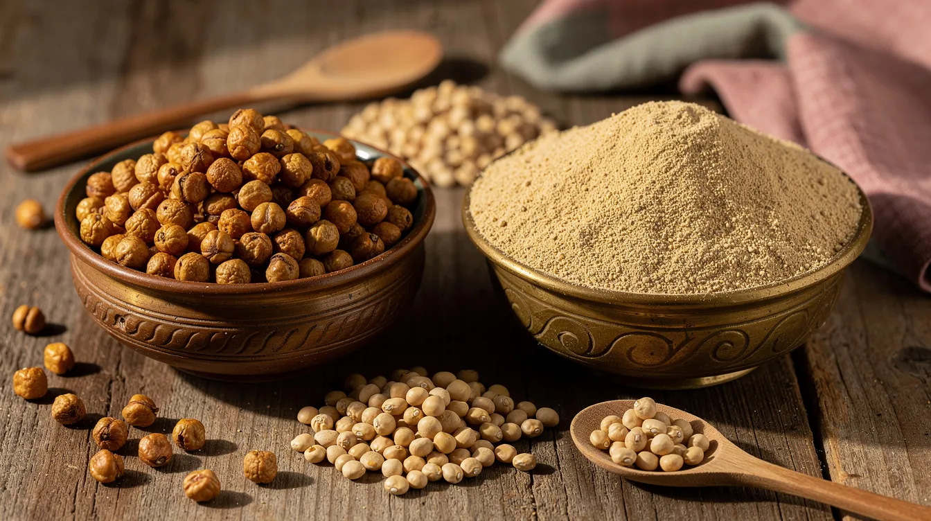 32d81a3c 9f12 4d5c bbd2 210b17abdbc4 The image features traditional bowls filled with roasted chana and sattu powder, accompanied by raw Bengal gram, highlighting the essential raw materials used in sattu manufacturing for household consumption. This display emphasizes the importance of these ingredients in food processing industries and their potential market share in the manufacturing project.