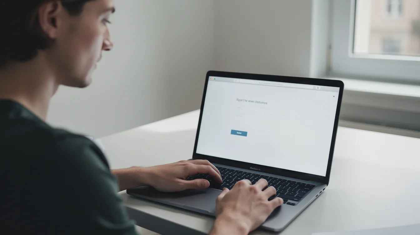 Eine Person sitzt an einem Laptop und füllt konzentriert ein Online-Formular aus, wobei ihr Gesichtsausdruck neutral bleibt. Diese Tätigkeit könnte Teil einer Umfrage auf einem Online-Portal wie surveyworld sein, bei der Nutzer ihre Meinungen und Erfahrungen teilen, um Geld zu verdienen.