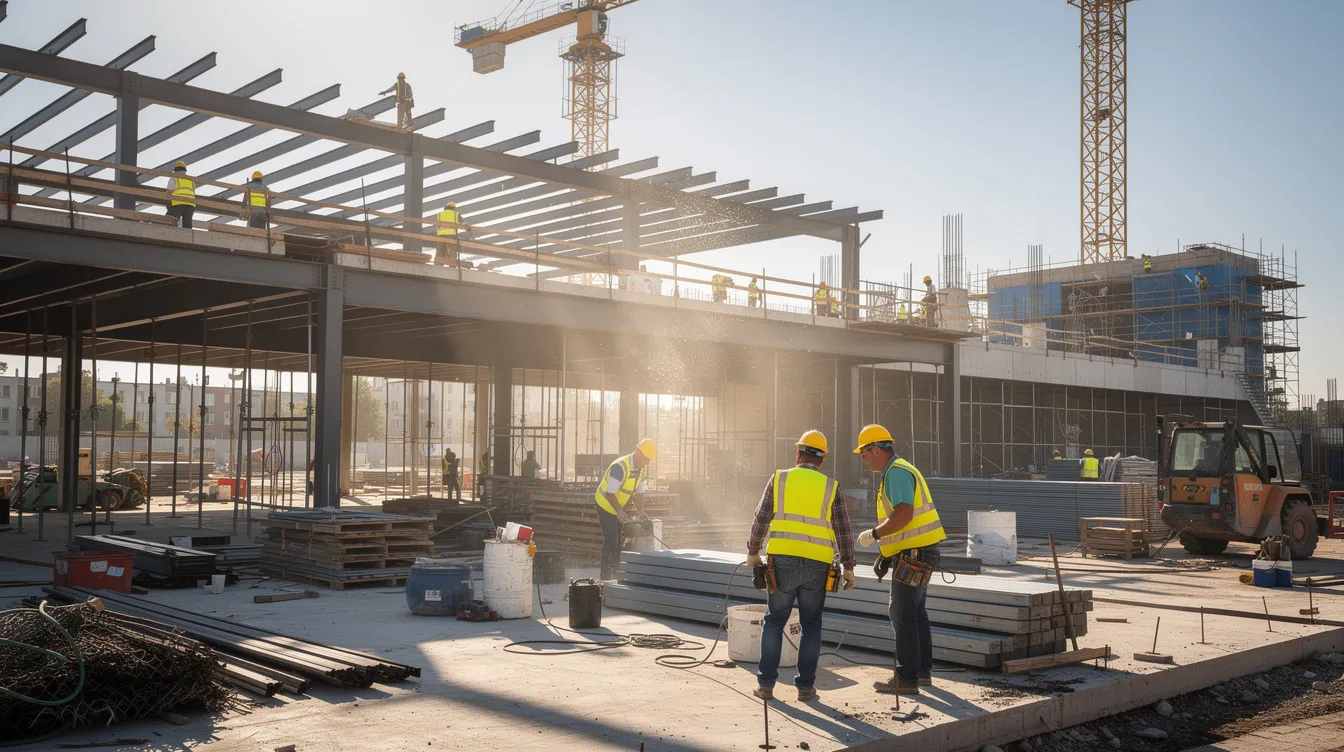 A group of skilled construction workers, wearing hard hats and safety vests, are actively engaged in building a large commercial project under a clear blue summer sky. This scene highlights the importance of safety and teamwork in the construction industry, showcasing the tools and materials essential for successful project outcomes.
