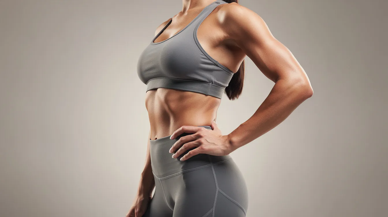 A confident woman stands with her side facing the viewer, showcasing a smooth and contoured midsection that highlights her abdominal muscles. This image reflects the results of body contouring procedures, emphasizing her ideal body shape and balanced silhouette.