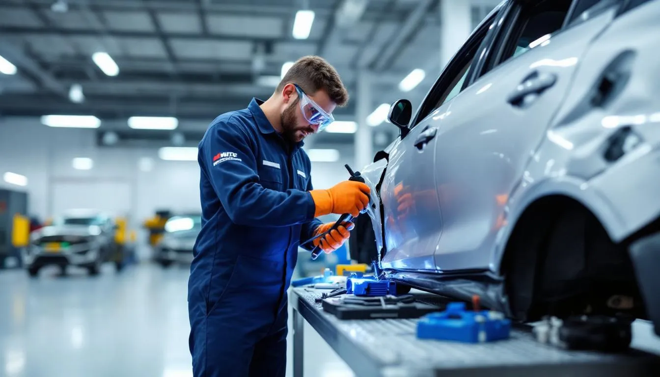 An auto body shop technician is focused on repairing a damaged vehicle in a professional repair facility, highlighting the collision repair process. The scene reflects a commitment to safety and quality service, ensuring customers receive reliable repairs and free estimates. Pristine Collision Center.